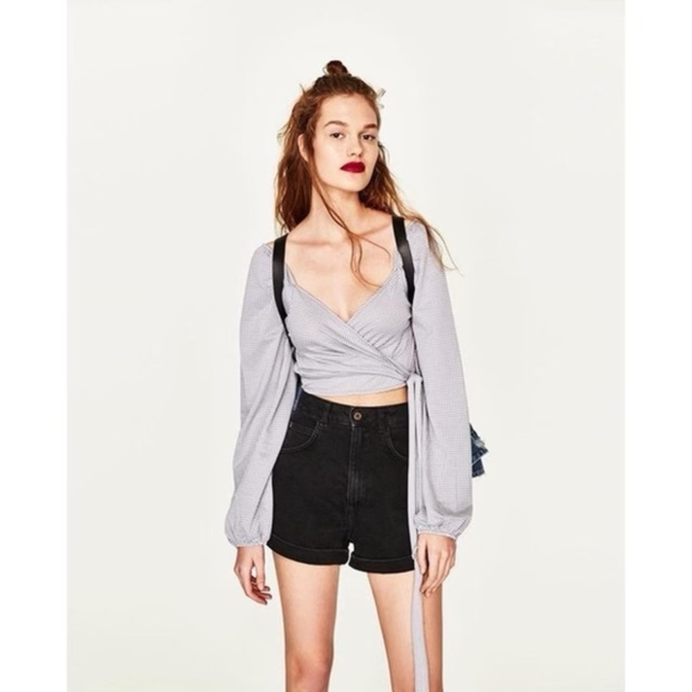 Zara Trafaluc Gingham Cropped Wrap Top | Blue and White Check | Size M - Picture 3 of 10